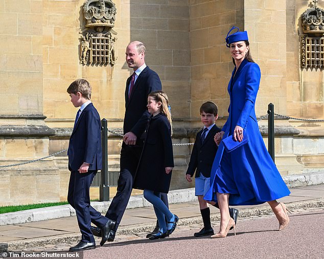 Kate will not join the other royals for the traditional Easter service in Windsor following her cancer diagnosis.  Pictured: The family at last year's service at St. George's Chapel