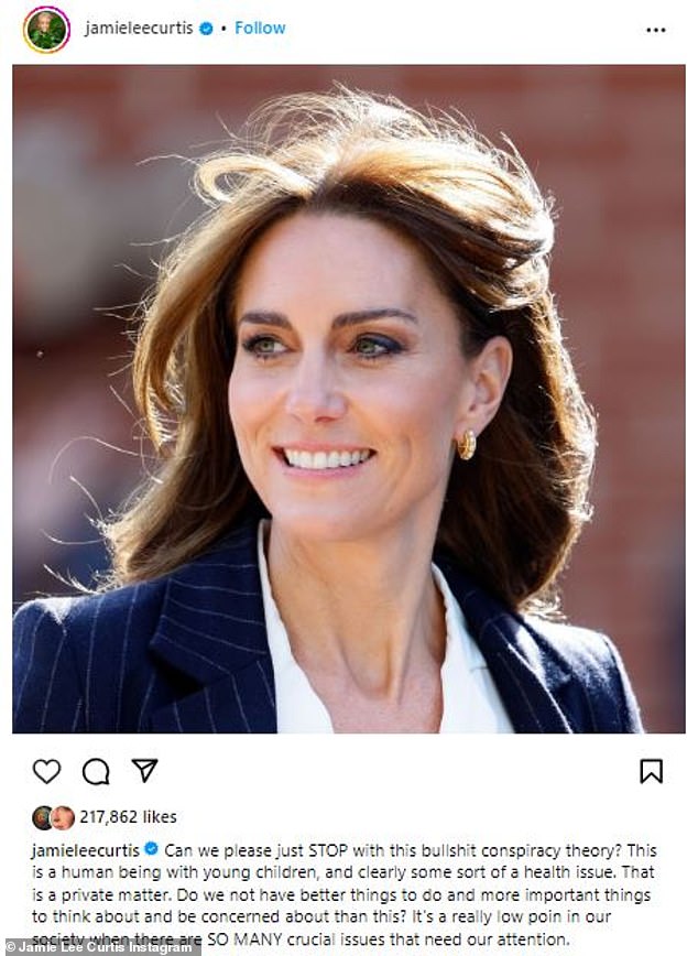 Shortly before Kate Middleton made the announcement, the 65-year-old actress took to Instagram to ask people to stop making theories about her and her whereabouts