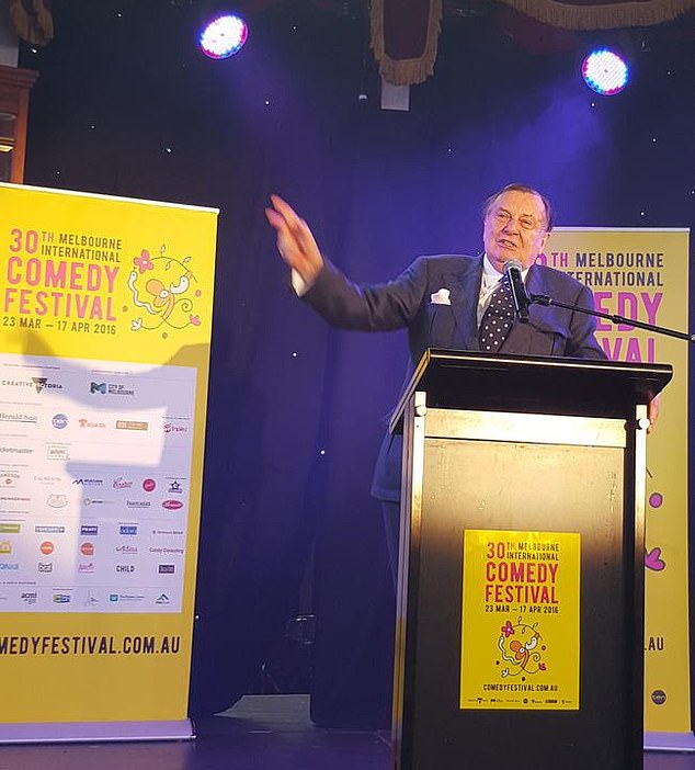 The commemorative package comes after the Melbourne International Comedy Festival removed his name from its most prestigious award, the Barry Award, in 2019 following comments he made about transgender surgery.  Pictured: Humphries speaking at the MICF in 2016