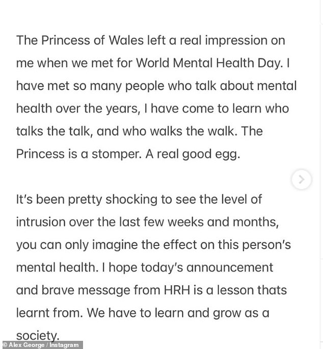 Referring to social media speculation about Kate's health in recent weeks, Alex said he hoped the princess' statement would help society 