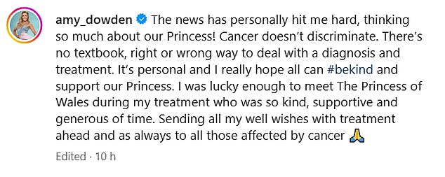 Via Instagram, Amy sent her support, noting that 'Cancer doesn't discriminate'