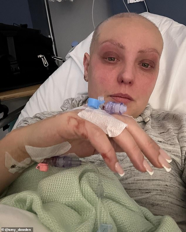 Amy shared the great news that she is cancer-free last month, but it's been a tough year for the star after she developed sepsis and became 'unresponsive' after her first round of chemotherapy (pictured during her treatment)