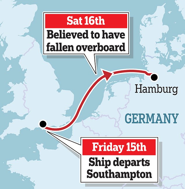 A map of the journey and where Mr Jones is believed to have fallen overboard