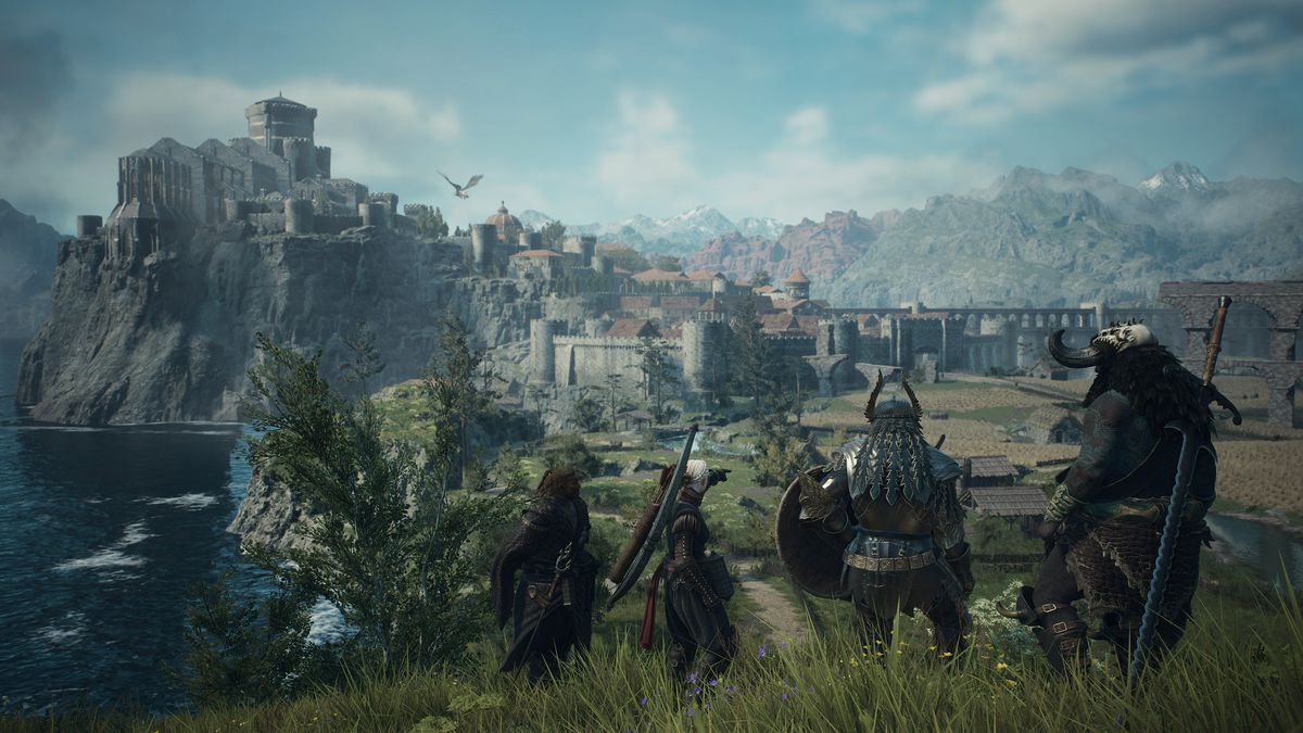 A quartet of adventurers look towards the distant medieval city of Vernworth in a screenshot from Dragon's Dogma 2