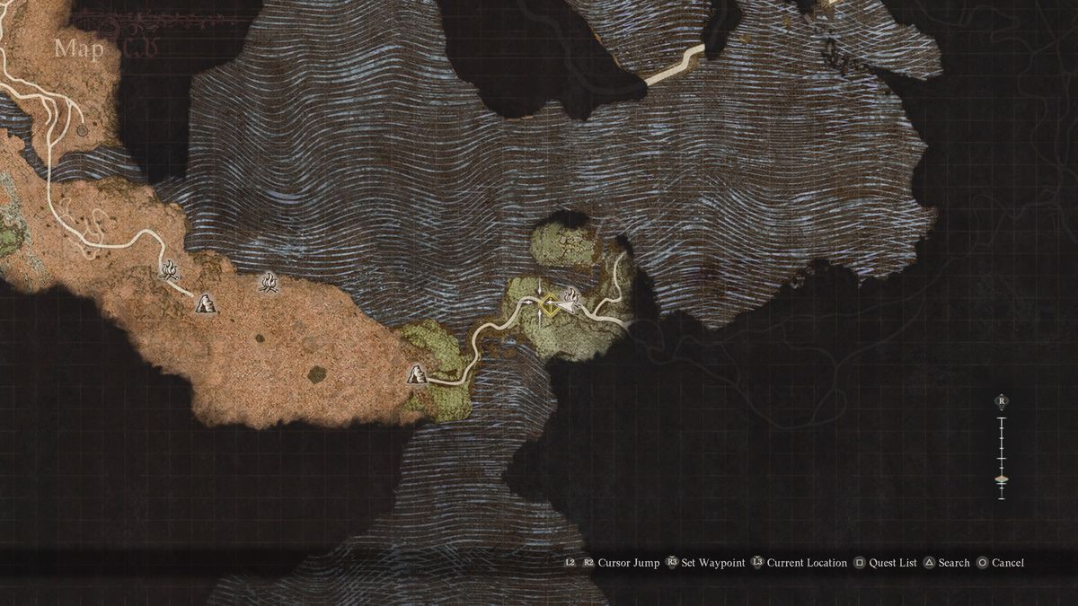 A map showing the side road to the volcanic island of Agamen in Dragon's Dogma 2