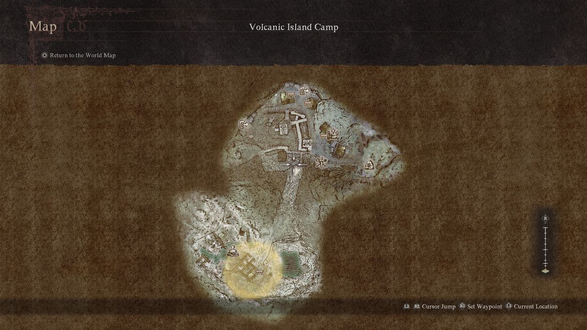 A map of the Volcanic Island Camp in Dragon's Dogma 2