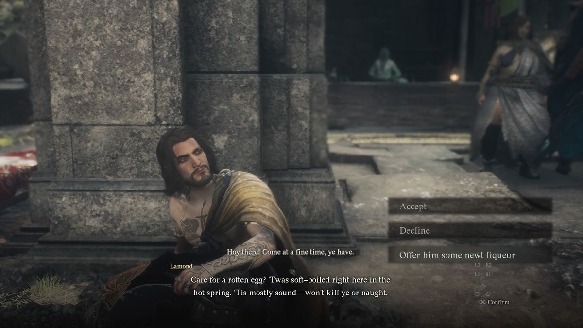 Lamond sits on the floor of the hot springs in Dragon's Dogma 2
