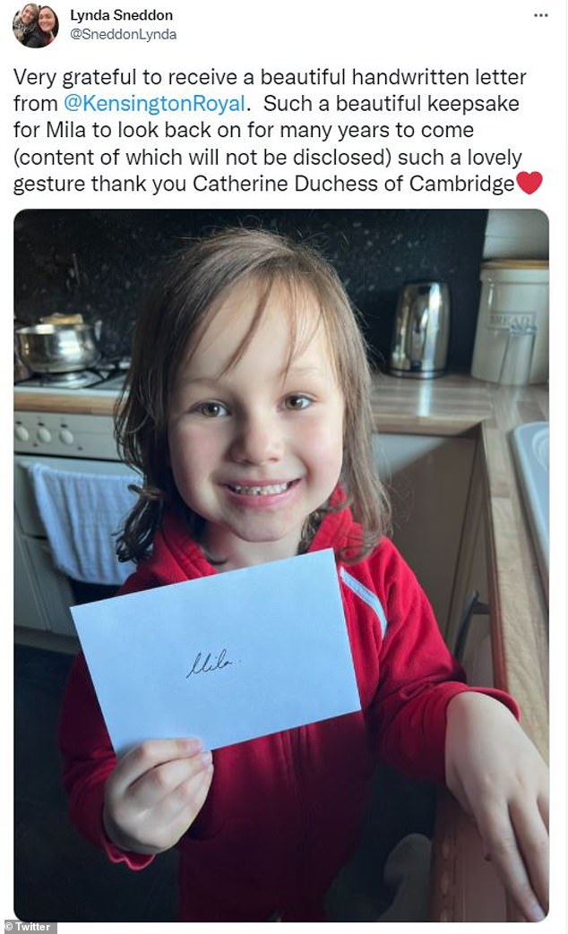 Mila Sneddon, six, (pictured) from Falkirk, received a handwritten letter from the Duchess of Cambridge after finishing her cancer treatment