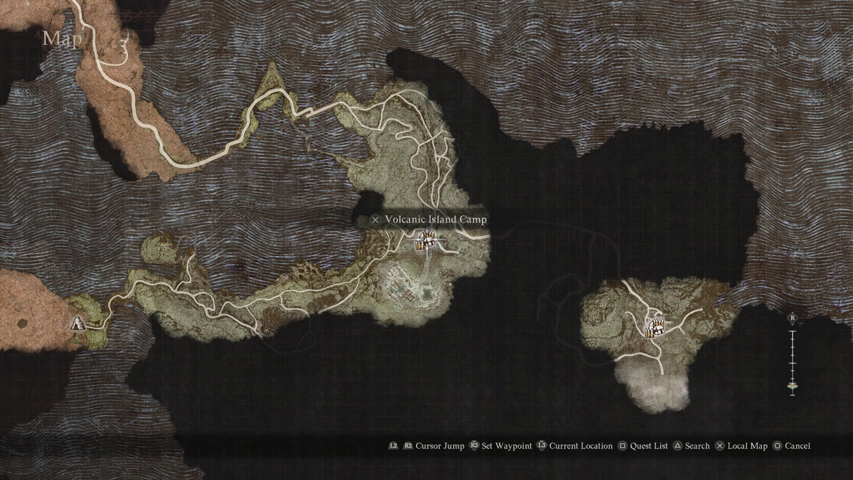 A map showing the location of the Volcanic Island Camp in Dragon's Dogma 2