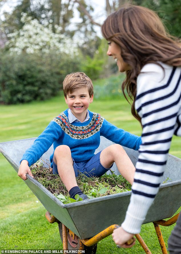 In April last year, she was pictured wearing it in an official photo of Prince Louis toting around in a wheelbarrow