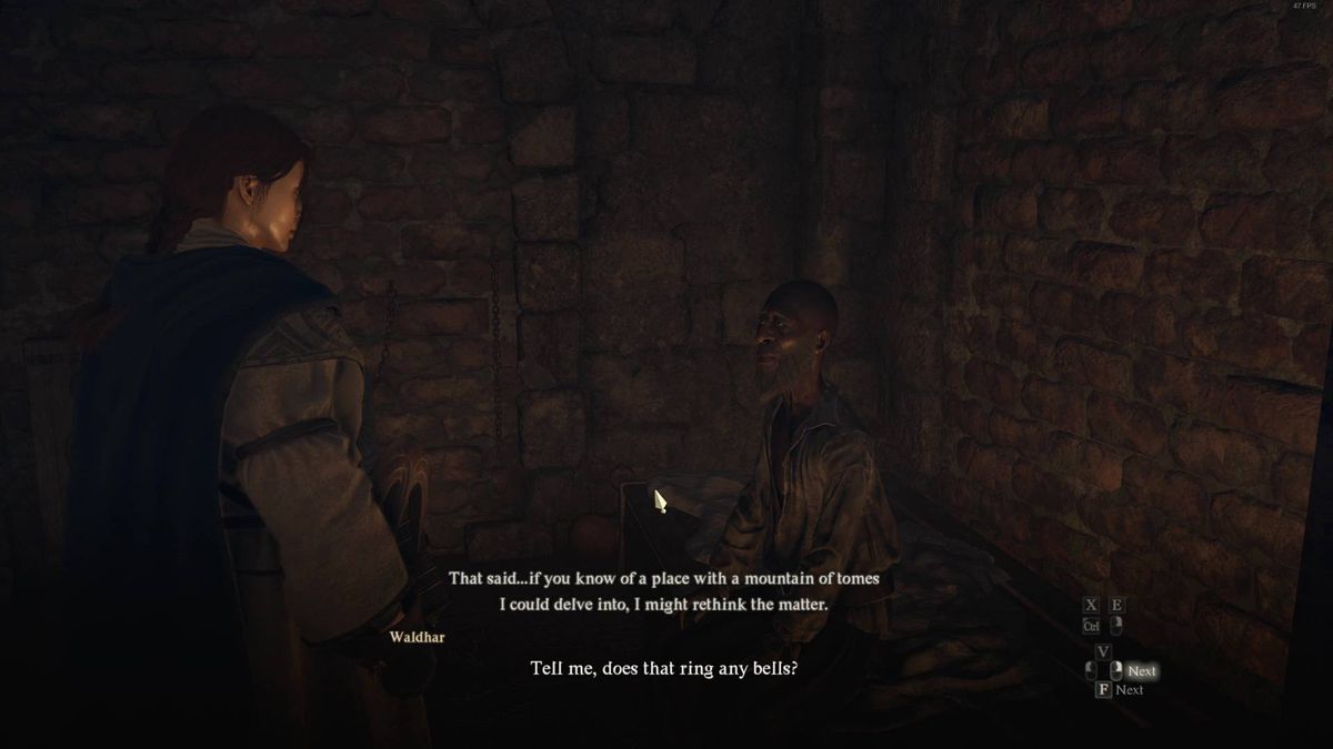 A hero from Dragon's Dogma 2 talks to the magistrate in the prison in the quest 'The Caged Magistrate'.