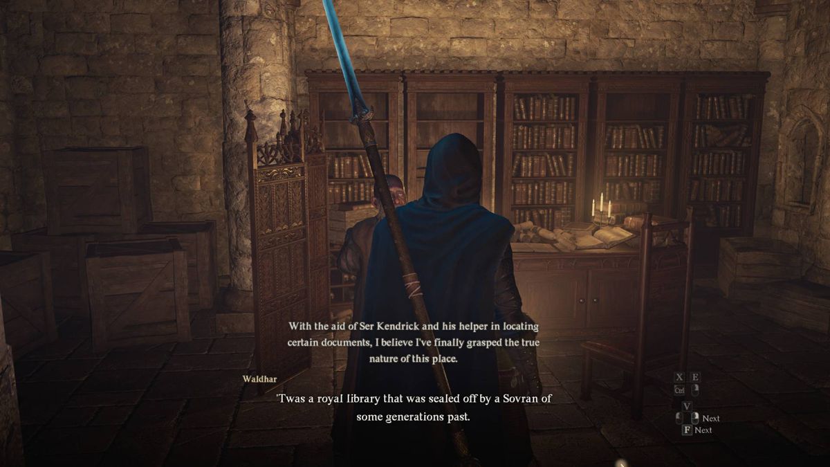 A hero from Dragon's Dogma 2 walks into an underground library in 'The Caged Magistrate'.