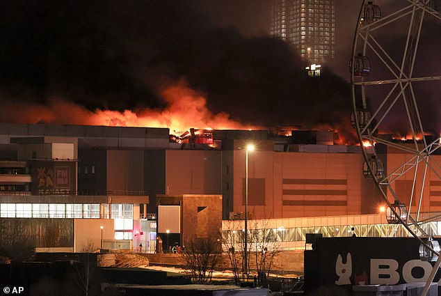 A huge fire can be seen above the Crocus City Hall in the western outskirts of Moscow, 20 kilometers from the Kremlin