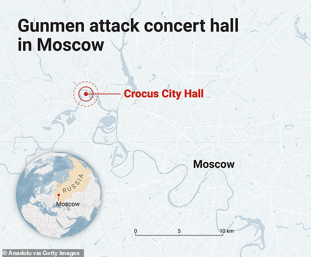 A map showing the location of the Crocus City Hall, which is located 20 kilometers from the Kremlin in the center of Moscow