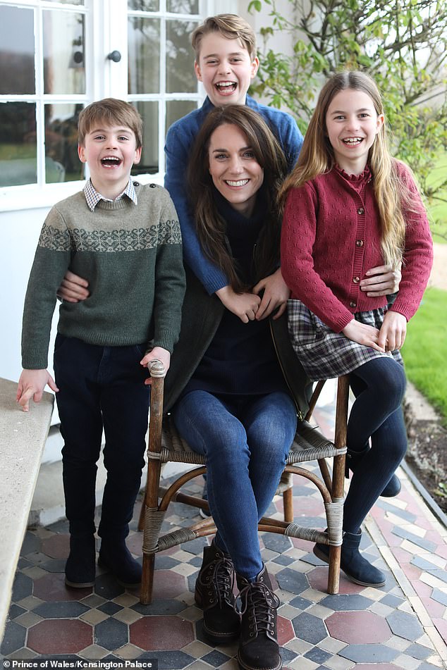 The Princess of Wales has reassured her young children following her cancer diagnosis.  Pictured: Kate with her children George, Charlotte and Louis in a photo released for Mother's Day this month