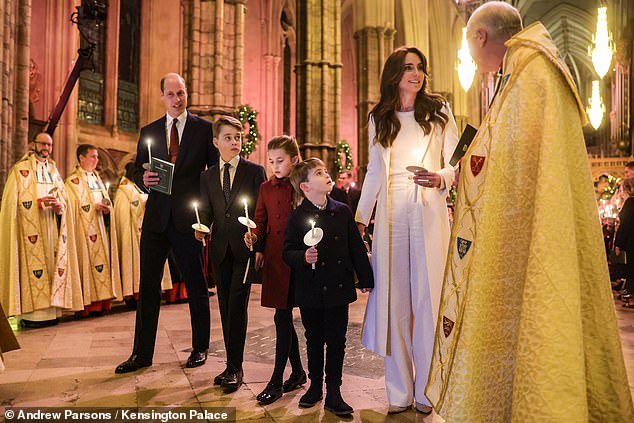 In the photo: The Princess of Wales attends the Christmas carol service at Westminster Abbey with her husband Prince William and their children George, Charlotte and Louis on December 8 last year