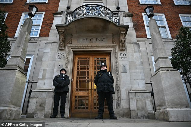 The diagnosis was made after the future queen underwent abdominal surgery at the London Clinic in January.  In the photo: Police officers stand guard outside the building on January 28