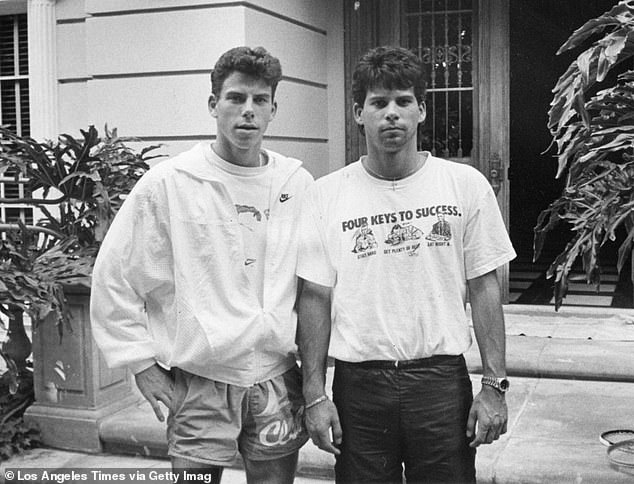 Erik Menendez, left, and his brother Lyle, in front of their Beverly Hills home