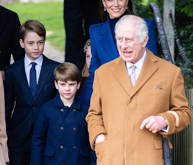 The King, pictured with the Princess of Wales and his two grandsons, after a carol service at Sandringham in December last year