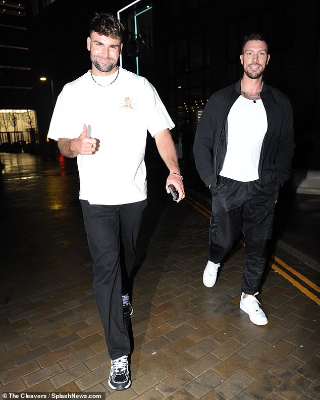 Meanwhile, Molly's boyfriend Tom Clare, 24, (pictured left), who she won the ITV2 dating series with in February , enjoyed a meal around the corner at the Menagerie Bar with co-star Adam Maxted (pictured right)