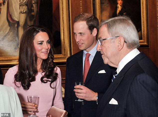 Prince William and Kate with King Constantine of Greece at Windsor Castle in 2012 - the prince missed a memorial service for Constantine on February 27 following Kate's cancer diagnosis