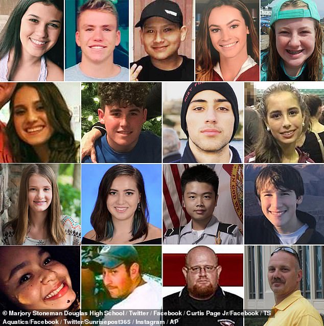 PARKLAND SCHOOL VICTIMS: Top row L-R: Jaime Guttenberg, Nicholas Dworet, Martin Duque, Meadow Pollack, Cara Loughran -- Second row L-R: Alyssa Alhadeff, Luke Hoyer, Joaquin Oliver, Gina Montalto -- Third row L-R: Alaina Petty, Carmen Schentrup , Peter Wang, Alex Schachter - Fourth row L-R: Helena Ramsey, Scott Beigel, Aaron Feis, Chris Hixon