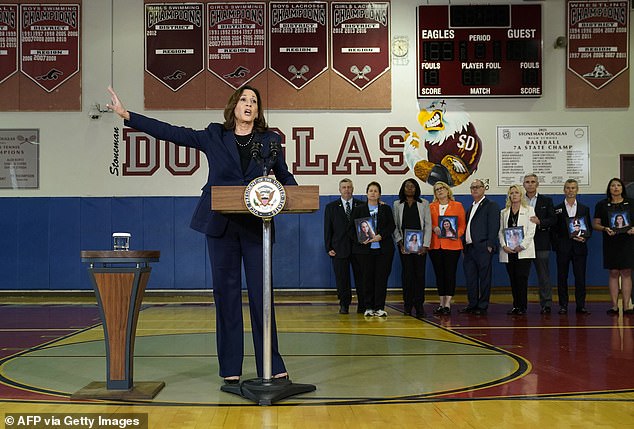 “I will continue to advocate for what we need to do on universal background checks and an assault weapons ban,” Harris told her audience