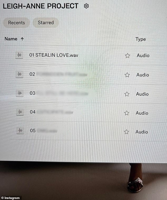 The mother of two shared a photo gallery from the studio and revealed that the first song is called Stealin Love.