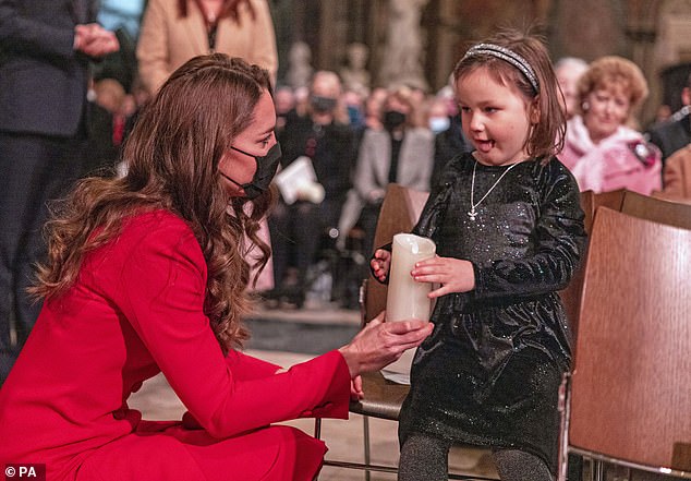 Mila with Kate at Westminster Abbey for the 2021 Christmas concert, where the little girl was invited to read a prayer