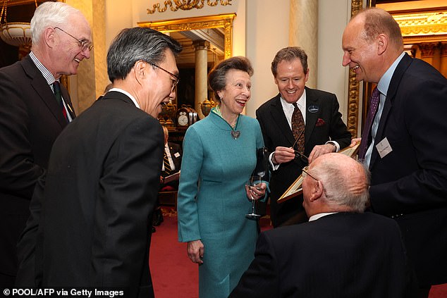 Pictured: Anne and South Korean Ambassador to Britain Yoon Yeocheol laugh as they talk to war veterans this week