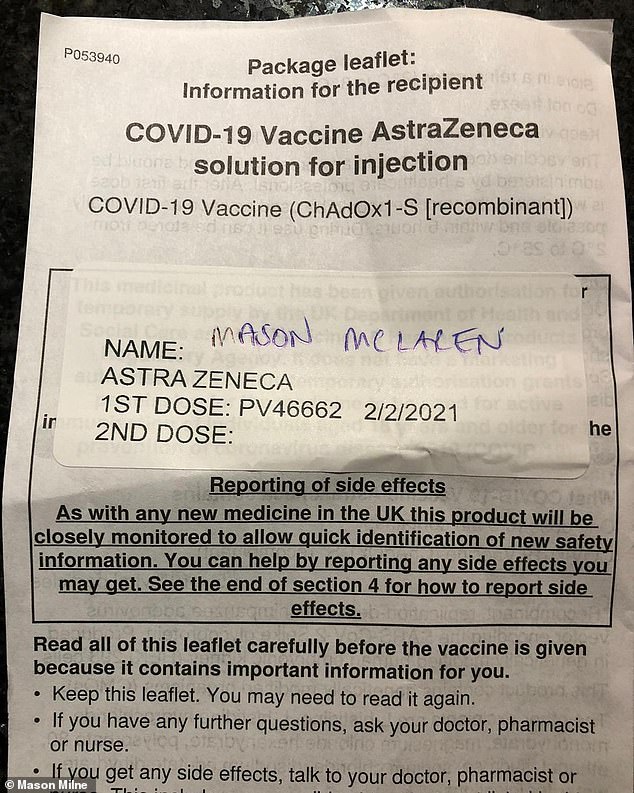 Mason received his first AstroZeneca shot in February 2021, according to his vaccination documentation