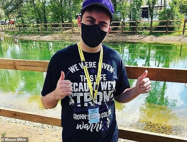 Mason (pictured wearing a face covering) who is autistic, added that he has lost friends since the pandemic and rarely interacts with anyone outside his family.