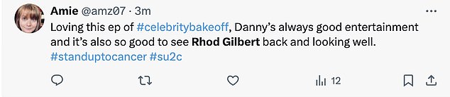 On X, formerly known as Twitter, some wrote: 'So happy to see Rhod Gilbert back on TV # GBBO
