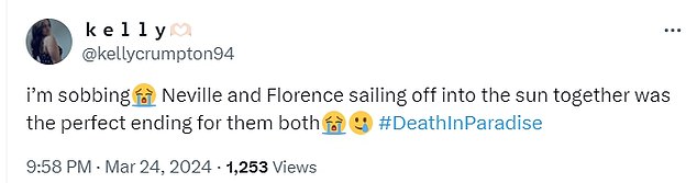 Viewers decided it was the perfect ending for the two characters, with one tweeting: 'Me sobbing Neville and Florence sailing into the sun together was the perfect ending'