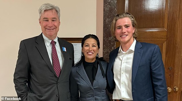 Schumacher (right) was invited to speak by Democratic Budget Chairman Sheldon Whitehouse (left) and appeared alongside Hilary Hutcheson, a fishing guide and outfitter from Montana