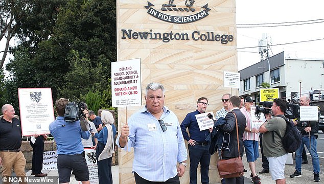 Several private schools in Australia have been embroiled in controversy in recent months, including Newington College, which announced a move to become co-ed (photo of protesters outside Newington College in Sydney)