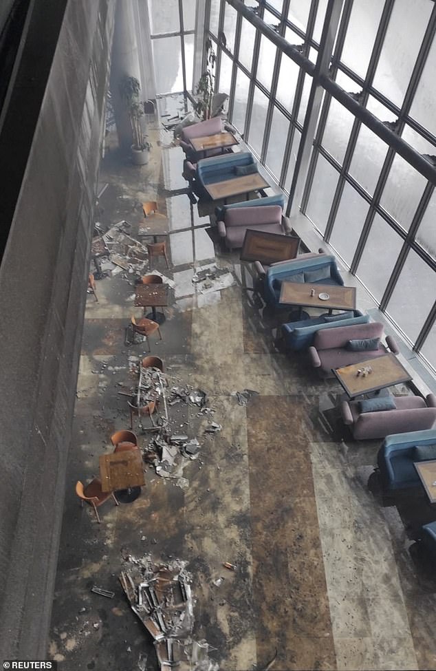 An interior view of the Crocus City Hall concert hall after the shooting and fire