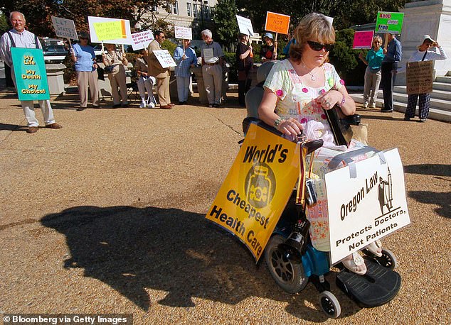 Oregon's physician-assisted suicide program has been controversial from its inception.  Pictured: Protesters from both sides of the debate outside the steps of the Supreme Court in Washington in 2005