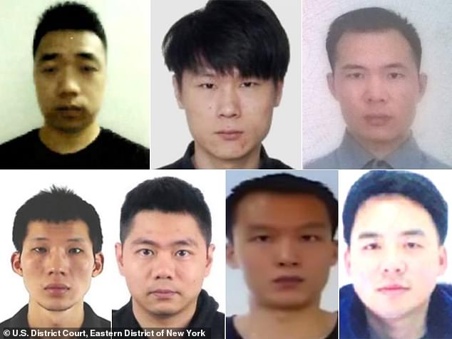 Above, photos from the DOJ indictment: (from top left to right), Ni Gaobin, Weng Ming, Cheng Feng, (from bottom left to right), Peng Yaowen, Sun Xiaohui, Xiong Wang, Zhao Guangzong