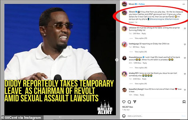 In late 2023, a series of women filed lawsuits against Diddy, claiming he sexually assaulted them.  Since then, 50 Cent has taken shots at Diddy.  When he parted ways with his TV network Revolt, 50 Cent jokingly offered to buy it