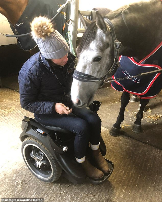 Mrs March is seen with a horse after her accident during a cross-country skiing event at Barefoot Retreats Burnham Market in Norfolk