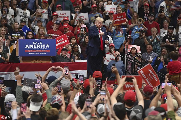 Donald Trump tried to oust Murkowski during his revenge tour against the Republicans who wanted to oust him.  Pictured: The former president rallied for Kelly Tshibaka in Anchorage, Alaska in July 2022 in her primary bid against Murkowski