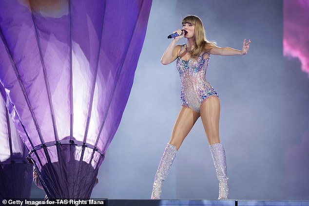 Pictured: Taylor Swift on stage in Singapore.  By the time her Eras tour ends in Vancouver in December, Taylor will have visited five continents and played 152 shows.