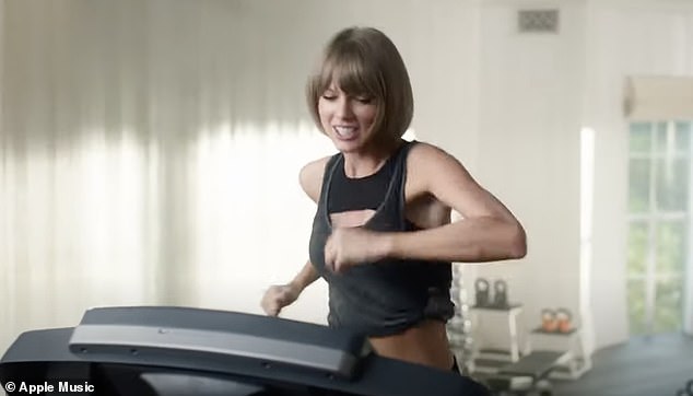 Pictured: Taylor Swift seen singing on a treadmill in her Apple Music ad, released in April 2016