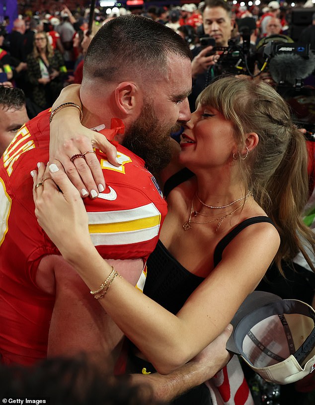 Pictured: Taylor Swift was seen hugging Travis Kelce after the Kansas City Chiefs won the Superbowl