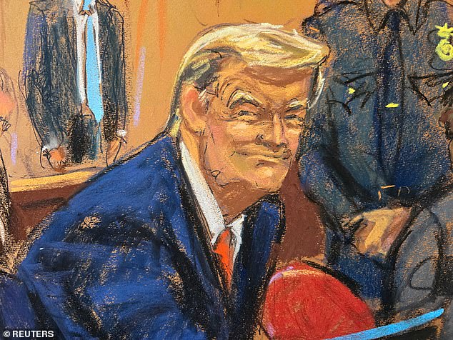 Former US President Donald Trump smiles in court during a hearing in his criminal case on charges stemming from hush money paid to a porn star in this courtroom sketch