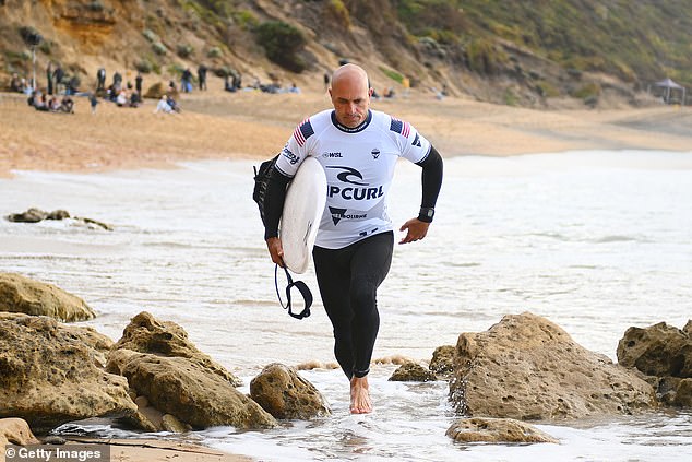 Slater, 52, won his opening round in the Rip Curl Pro at Bells Beach on Tuesday (pictured), beating Hawaiian star John John Florence