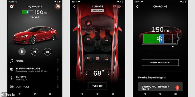 The Tesla app shows charging status and climate controls, including which seats are using the heating and cooling functions