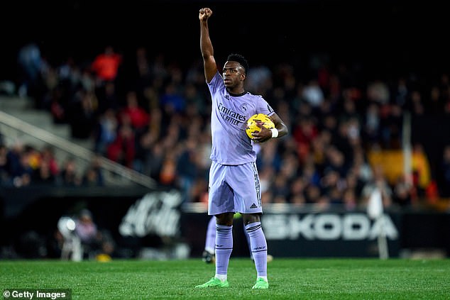 Vinicius struck a defiant pose after returning to the Mestalla Stadium for the first time since being racially abused there last season