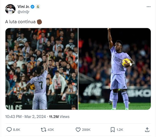 Vinicius Jnr posted two photos of the post-match celebrations on social media and wrote 'the fight goes on'.